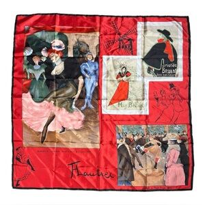Toulouse Lautrec Moulin Rouge Art Themed Red Silk Scarf 30” x 30”